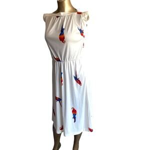 Vintage 70s Parrot Tropical Print Dress Elastic Waist Boat Neck Off-White XS